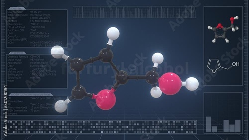 Furfuryl alcohol molecule with description on the computer screen, loopable 3d animation photo