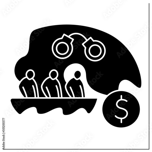 Migrants smuggling glyph icon. Irregular entry into country. Human trafficking. Migration concept. Filled flat sign. Isolated silhouette vector illustration