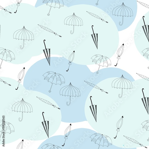 doodle umbrella contour. Seamless pattern with umbrellas on a blue background. Black and white. Doodle style folded and open umbrellas. Vector illustration.