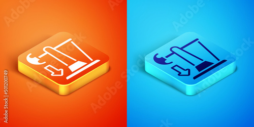 Isometric Drop in crude oil price icon isolated on orange and blue background. Oil industry crisis concept. Vector