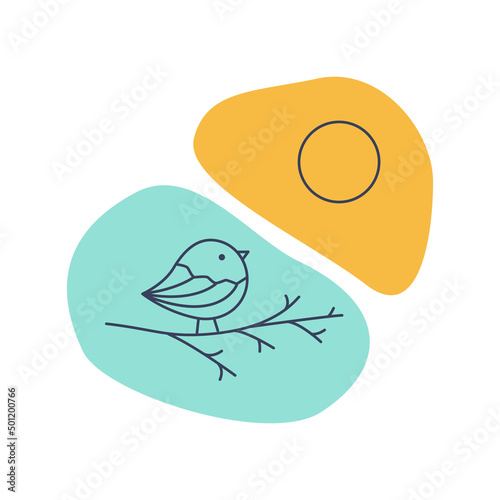 Vector illustration of bird and sun in doodle style.