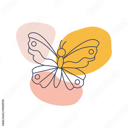 Vector illustration of cartoon butterfly in doodle style on white background.