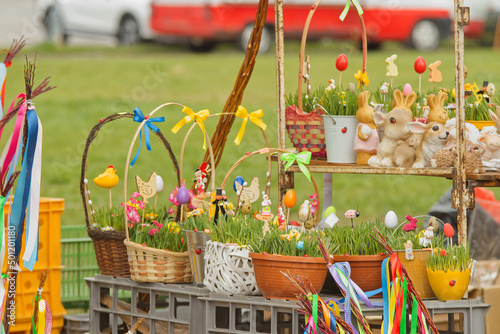Photography Easter street farmers market with traditional Easter souvenirs and decorative symbols