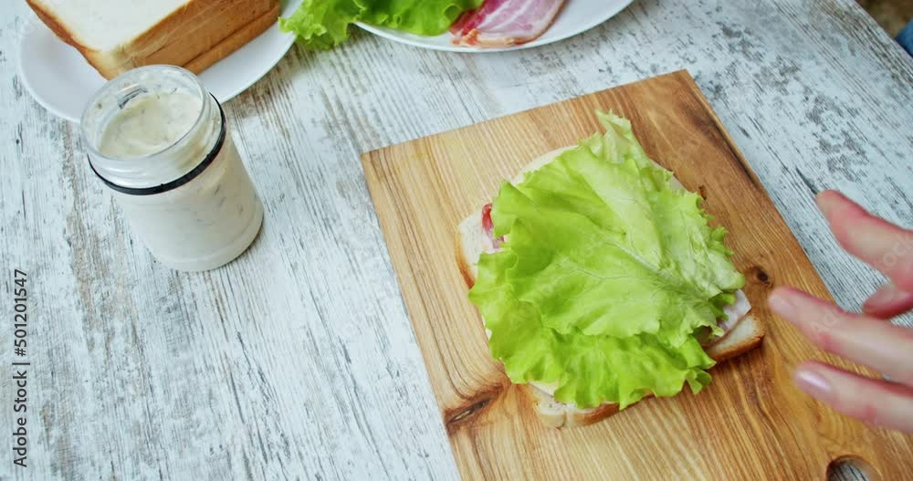 Close up shot of young woman making sandwich in kitchen. Breackfast at home
