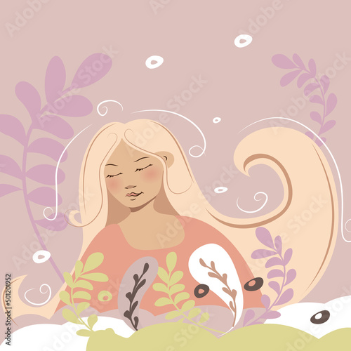 long-haired girl with closed eyes with plants
