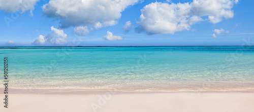 Fototapeta Naklejka Na Ścianę i Meble -  Perfect tropical beach landscape. Vacation holidays background. Sea view from tropical beach with sunny sky. Summer paradise beach website design. Tropical shore. Tropical sea in Maldives. Exotic