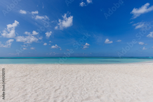 Perfect tropical beach landscape. Vacation holidays background. Sea view from tropical beach with sunny sky. Summer paradise beach website design. Tropical shore. Tropical sea in Maldives. Exotic