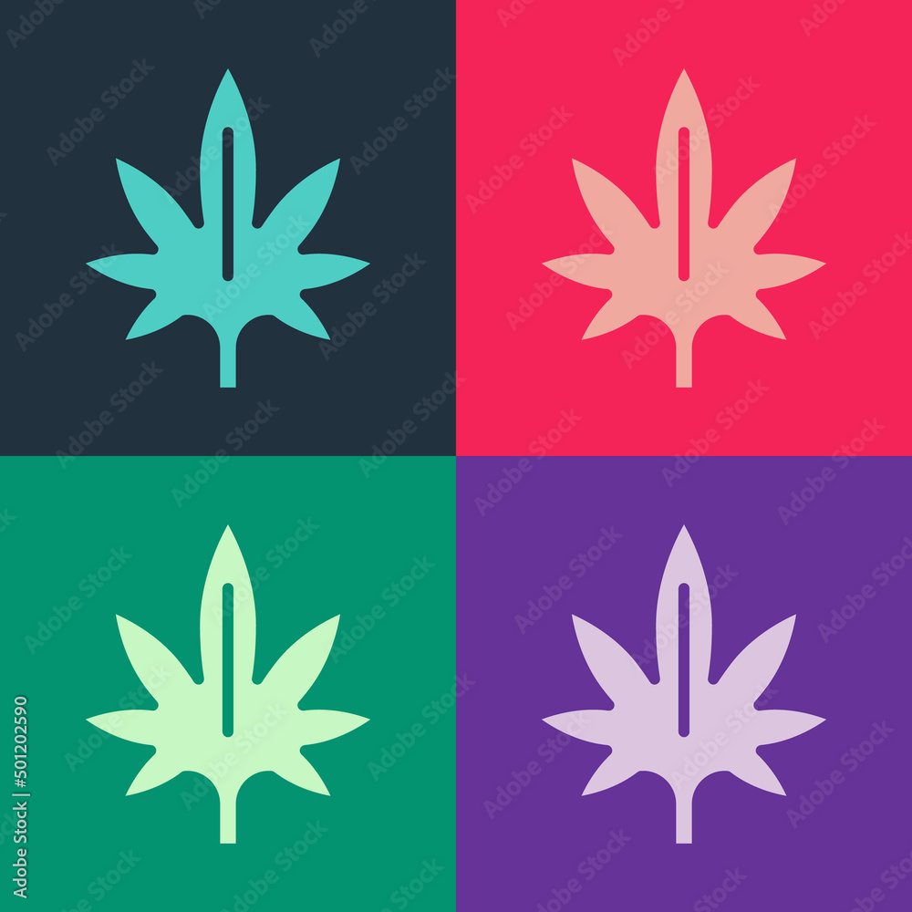 Pop art Medical marijuana or cannabis leaf icon isolated on color background. Hemp symbol. Vector