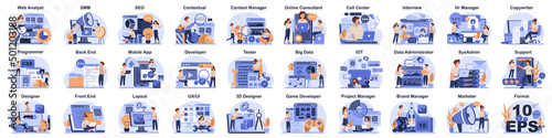 Big IT profession set. Programmer write software and create code for computer. Coding script for project and app. Digital technology for website, interface and devices. Vector illustration.
