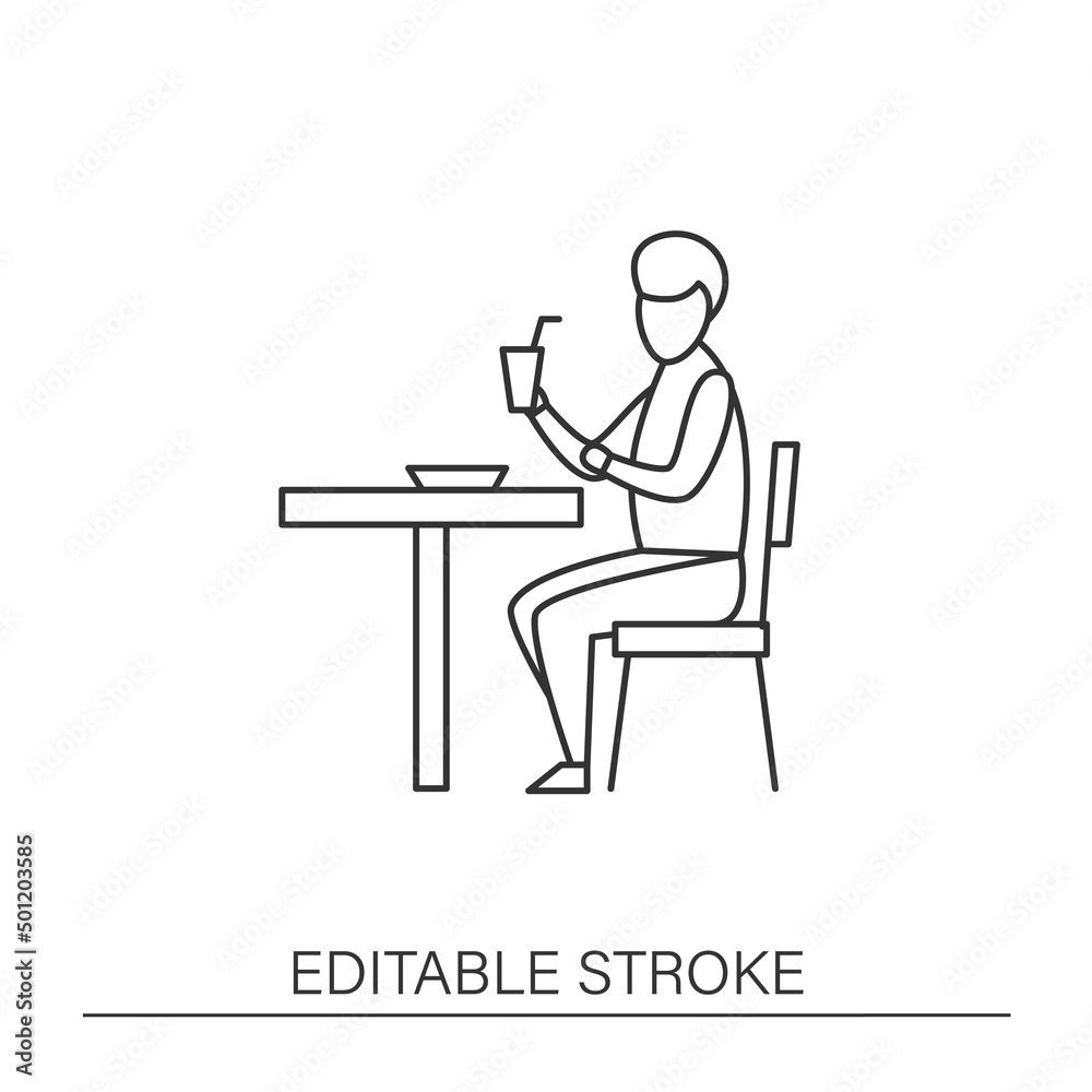 Work line icon. Business lunch. Man have coffee break at work.Modern profession. Career concept. Isolated vector illustration. Editable stroke Work line icon. Business lunch. Man have coffee break at work.Modern profession. Career concept. Isolated vector illustration. Editable stroke