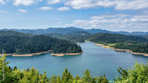 Gorski Kotar, Croatia - August 25, 2021: Panoramic view of the Lake Lokve from a viewpoint on the D3 state road.