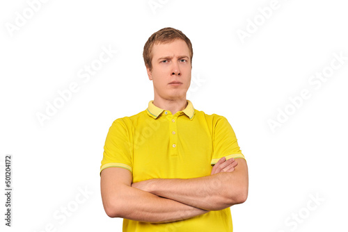 Fotografi Suspicious man crossed arms on his chest, proud look isolated white background,