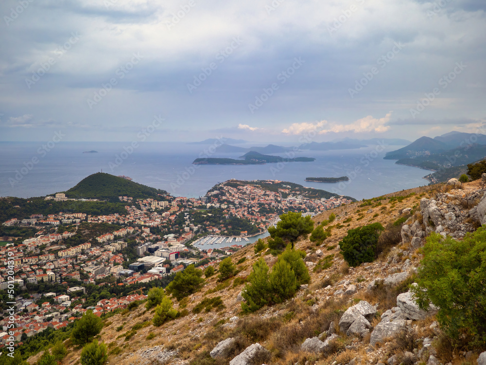 Dubrovnik, Croatia - August 29, 2021: Panoramic view of Dubrovnik shot from the cable car station in the north of the city.
