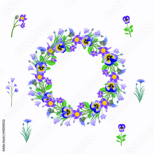 Wreath of purple wildflowers. Violets, pansies, bluebells. Can be used as postcards and invitations. Decorative elements.
