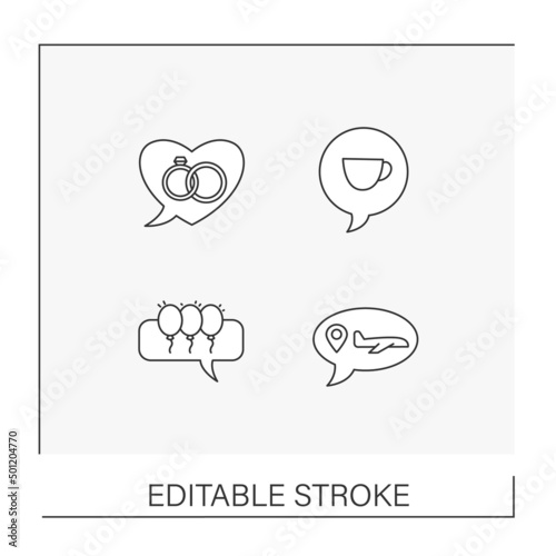 Dreams line icons set. Reflections about travelling, toys, perfect gifts and celebration. Thought concepts. Isolated vector illustrations. Editable stroke