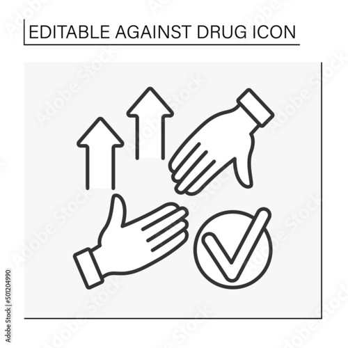  Against drug line icon. Helping hand for additional people. Support. Bad habits concept. Isolated vector illustration. Editable stroke
