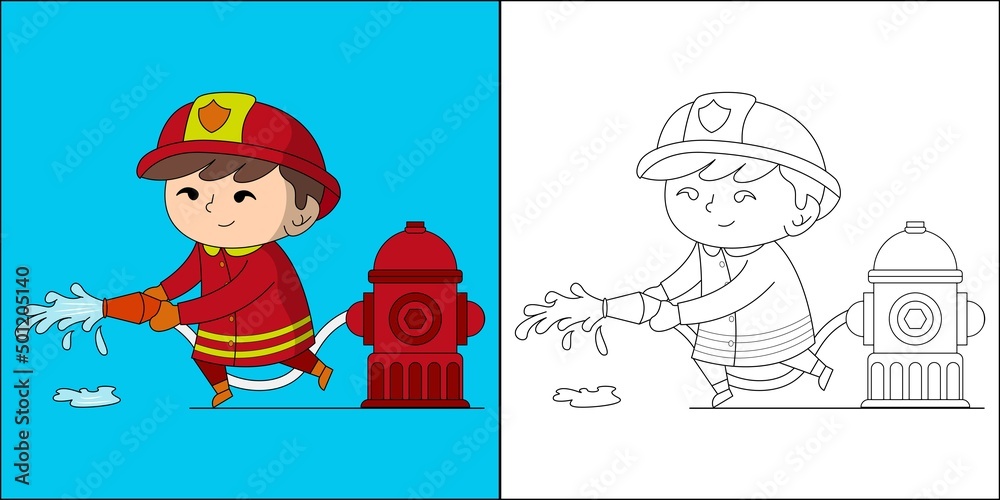Cute boy firefighter suitable for children's coloring page vector ...