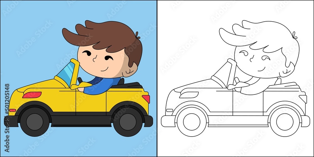 Cute boy driving a car suitable for children's coloring page vector illustration Cute boy driving a car suitable for children's coloring page vector illustration