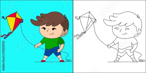 Cute boy playing kite suitable for children's coloring page vector illustration