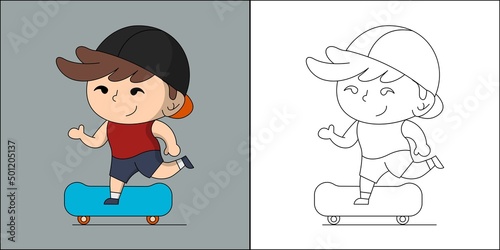 Cute boy skateboarding suitable for children's coloring page vector illustration
