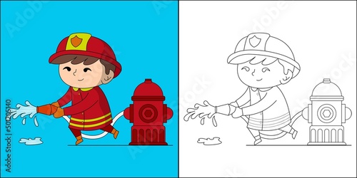 Cute boy firefighter suitable for children's coloring page vector illustration