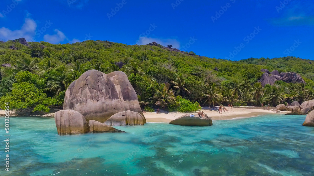 Anse Source Argent, La Digue. Amazing aerial view from drone on a beautiful sunny day