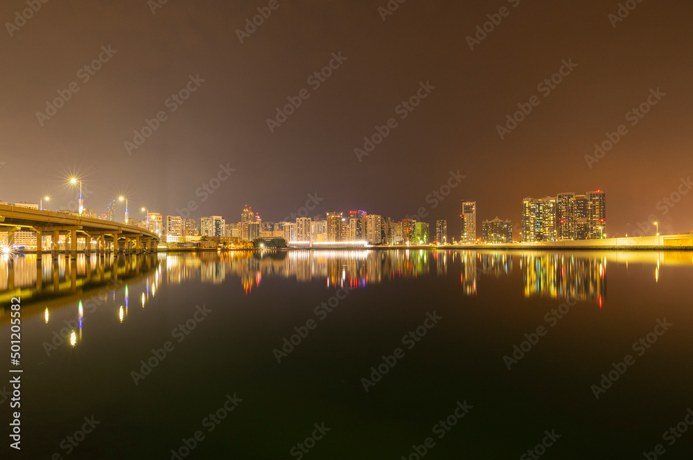 Night time cityscape of the Al Maryah district of Abu Dhabi, United Arab Emirates