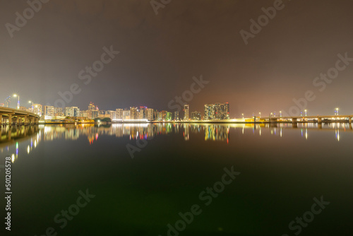 Night time cityscape of the Al Maryah district of Abu Dhabi, United Arab Emirates