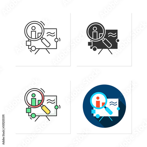 Experiment icons set. Glass bulb with gear and information link. Creative idea test, scientific research.Collection of icons in linear,filled,color styles.Isolated vector illustrations