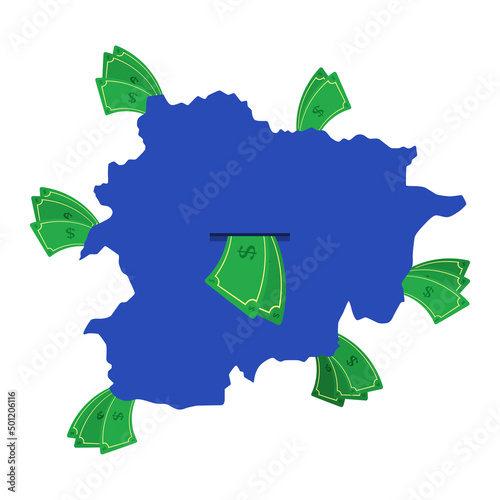 Andorra map in blue with money bills around. Money leaving the center of the country. Economy of andorran country. White background. Isolated.
