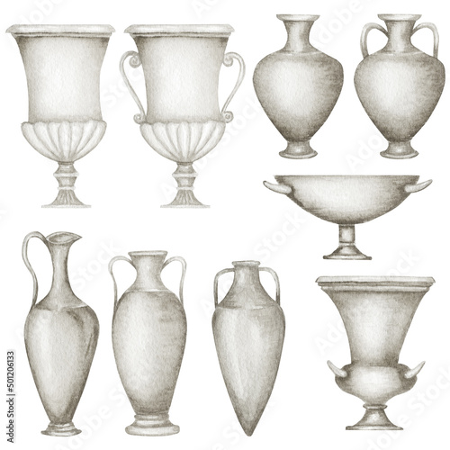 Ancient Greece Pottery set watercolor Antique Greek vases white gray jug. Old clay amphora, pot, urn, jar for wine, olive oil. Vintage ceramic icon isolated illustration