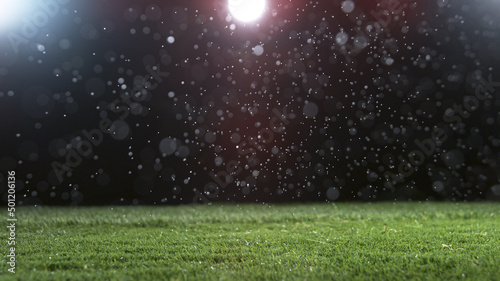 Close-up of Football Filed with Artificial Lighting, Rainy Weather with Fog. © Lukas Gojda