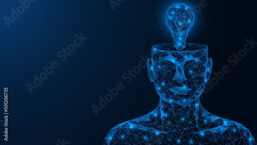 A light bulb in head. A new idea. Brain activity. Polygonal design of interconnected lines and points. Blue background.