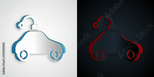 Paper cut Radio controlled car toy icon isolated on grey and black background. Control remote car toy. Paper art style. Vector