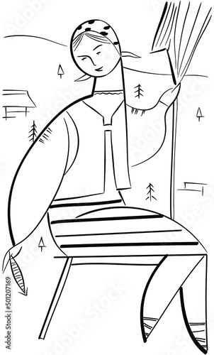 Sculptural sitting village girl form silhouette line art