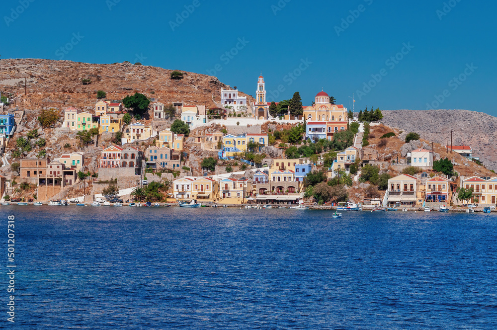 Sea view of the Church of the Annunciation, Symi, Greece.
