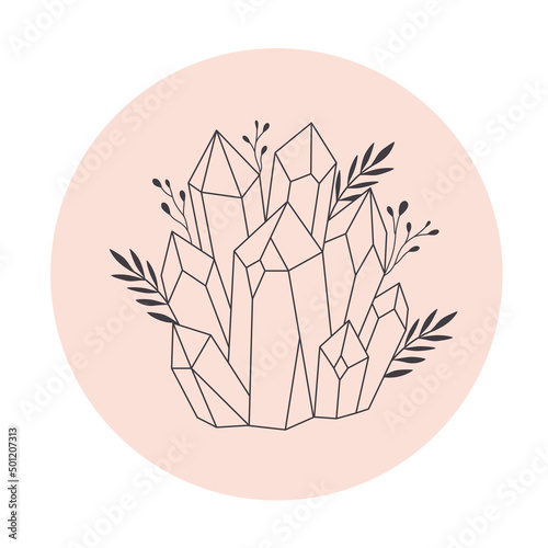 Mystical, esoteric or healing crystals with flowers, leaves. Linear art. Editable strocks. Vector illustration