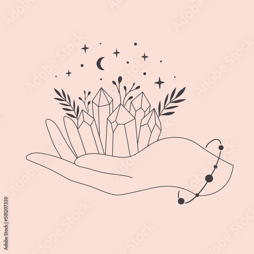 Hand with celestial mystical symbols. Mystical, esoteric or healing crystal with leaves. Linear art. Editable strokes. Vector illustration