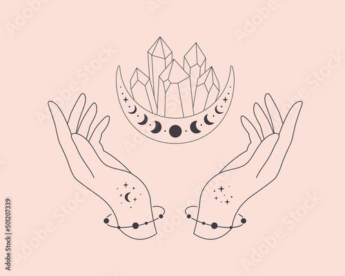 Hands with celestial mystical symbols. Mystical, esoteric or healing crystal. Linear art. Editable strokes. Vector illustration