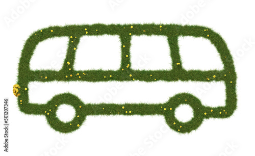 Bus icon made of realistic grass. Eco transport concept. 3D illustration.