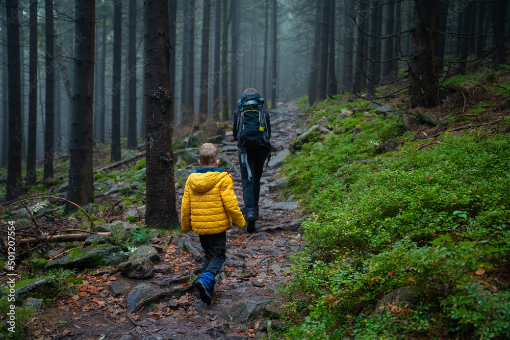 Obraz premium Mum and her little son go on a mountain trail in wet autumn weather.