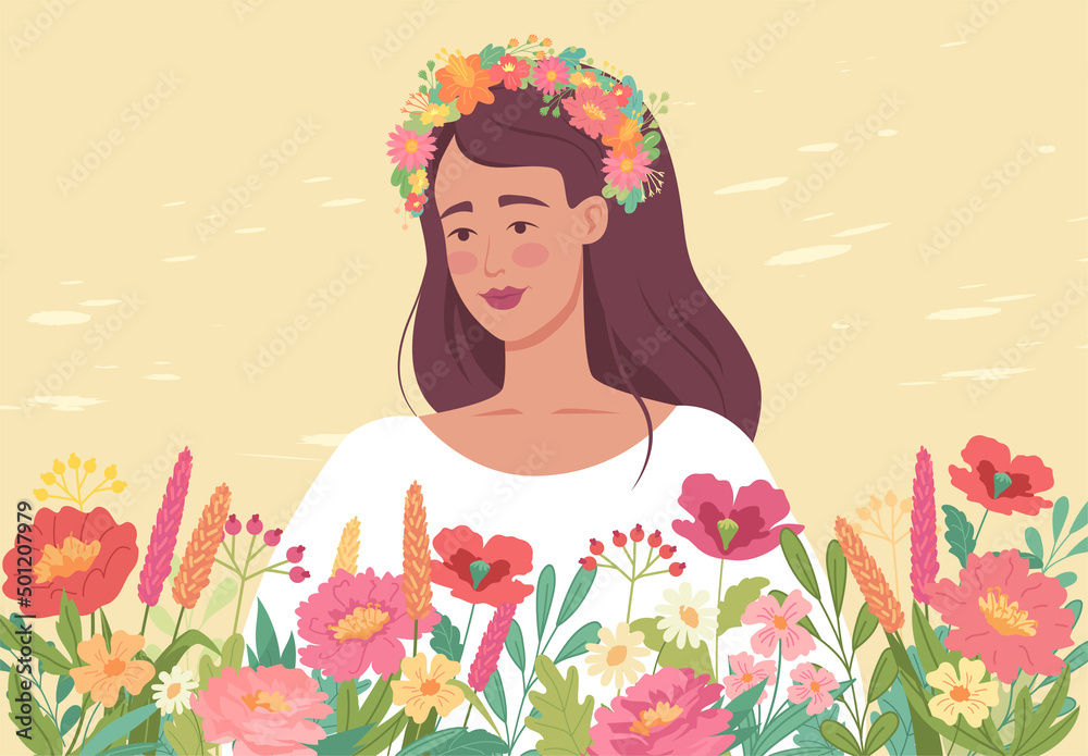 Cute happy girl with colorful flowers wreath on her head. Colorful floral spring illustration Cute happy girl with colorful flowers wreath on her head. Colorful floral spring illustration