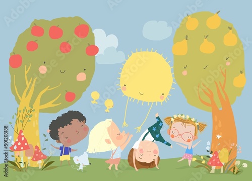 Cartoon Happy Children enjoying Summer in the Park