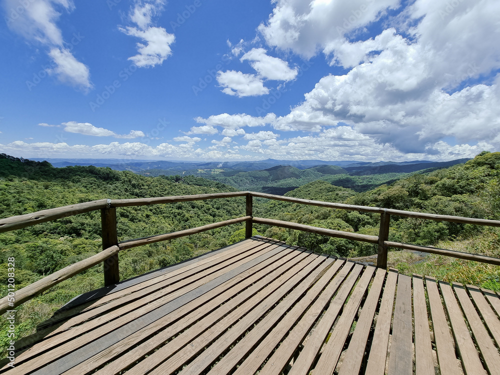 View of the mountains from a wooden viewpoint