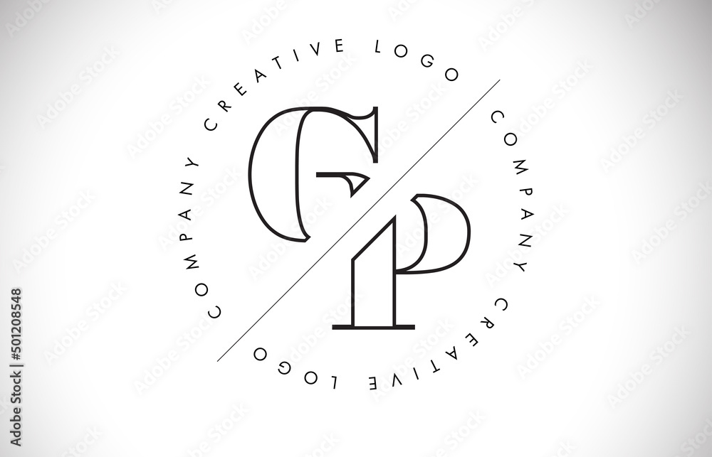 Outline GP letter logo with cut and intersected design and round frame. Outline GP letter logo with cut and intersected design and round frame.