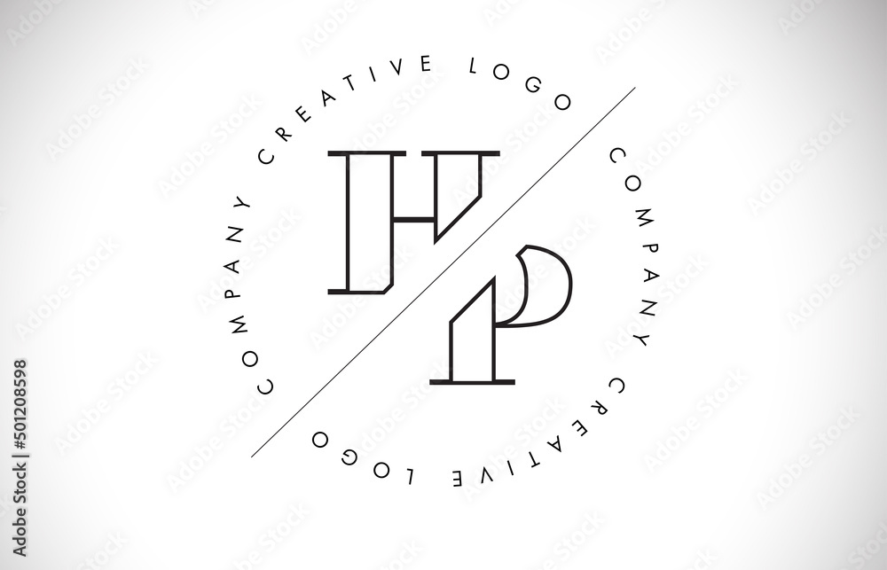 Outline HP h p letter logo with cut and intersected design and round frame.