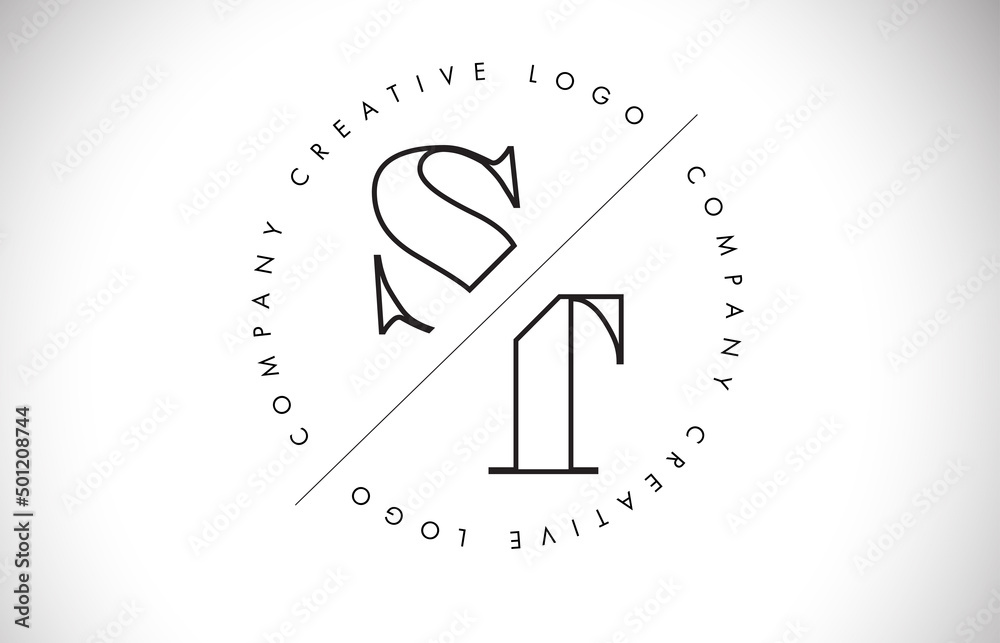 Outline ST s t letter logo with cut and intersected design and round frame. Outline ST s t letter logo with cut and intersected design and round frame.