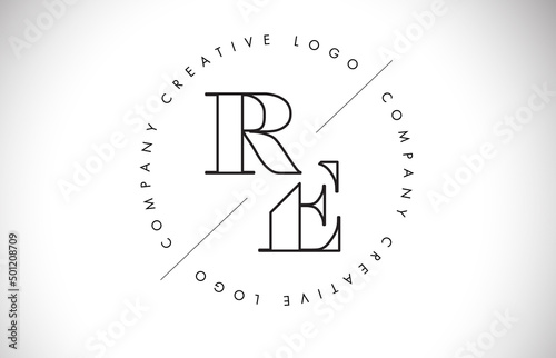 Outline RE r e letter logo with cut and intersected design and round frame.