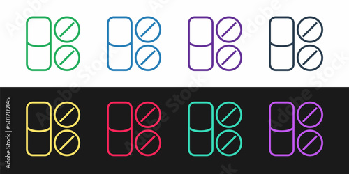 Set line Toothache painkiller tablet icon isolated on black and white background. Tooth care medicine. Capsule pill and drug. Pharmacy design. Vector