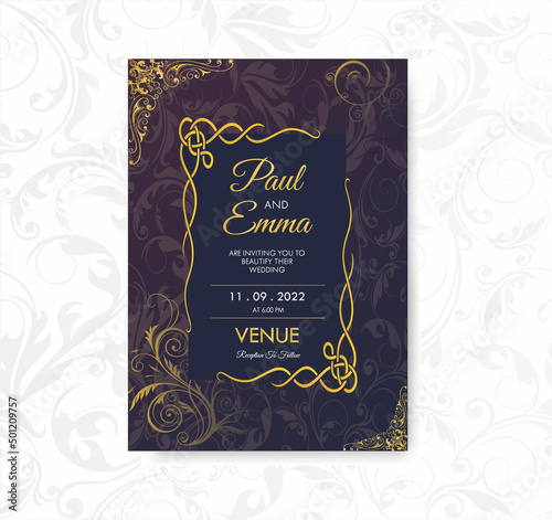 Vintage Wedding Invitation Template Dark Luxury Modern Gold Decoration, Celebration, Ceremony, Reception, Marriage